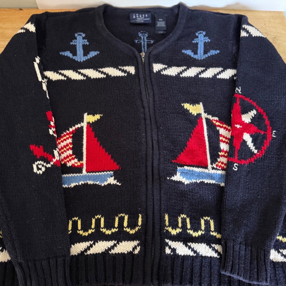 Crazy Horse Liz Claiborne Nautical Sailboat Zip Cardigan Navy Blue PXL Petite